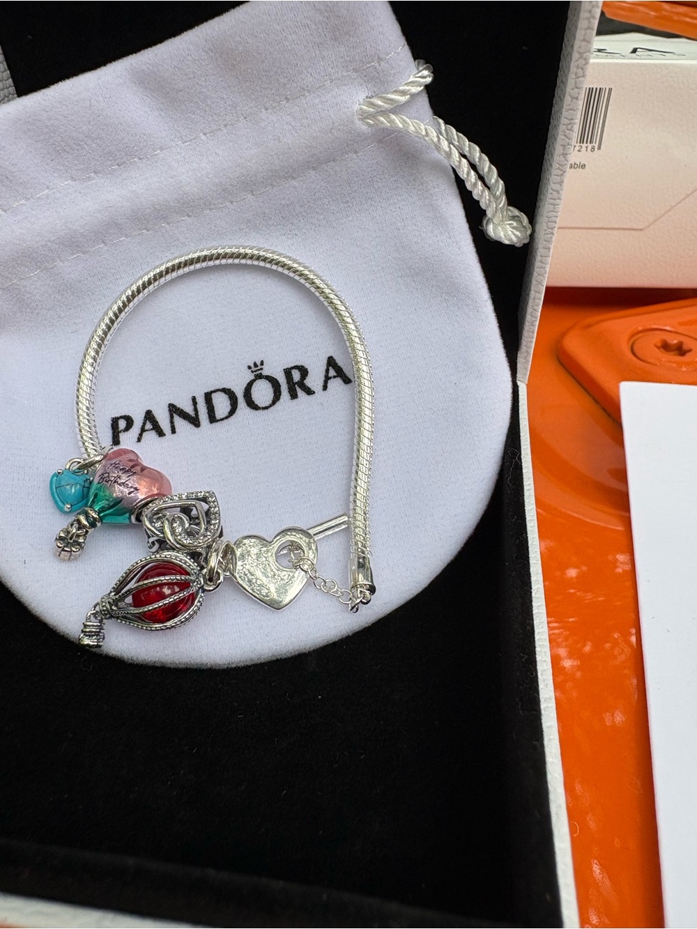 Sterling Silver Charm Bracelet with Pink, Turquoise & Red Accents size:7.5_8"